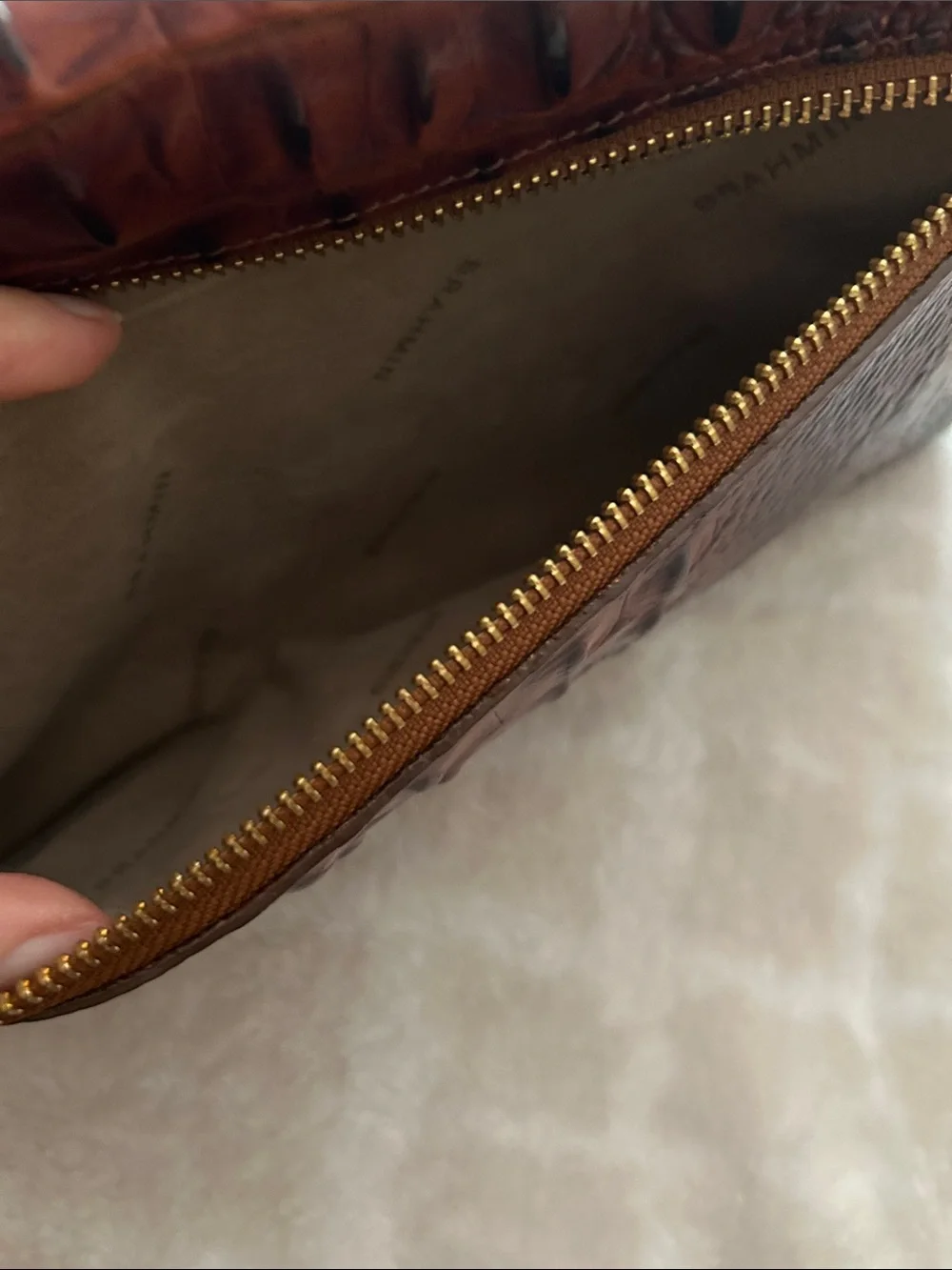Brahmin Brown Croc-Embossed Leather Foldover Wristlet Clutch with Gold Hardware